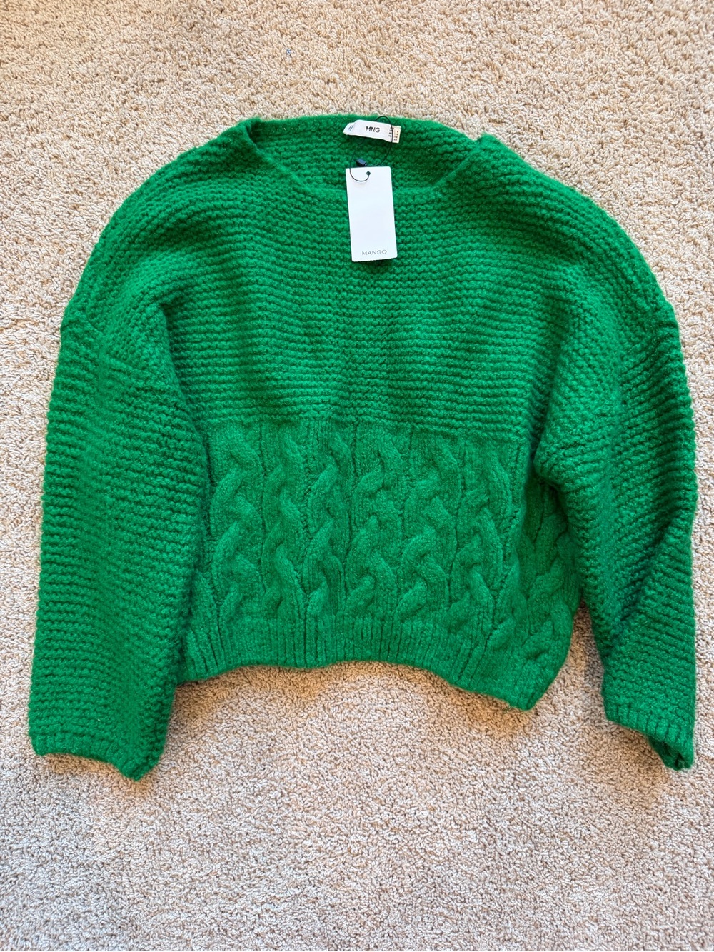 Mango Bright Green Cable-Textured Crewneck Sweater